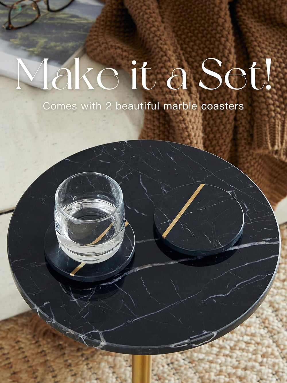 Adjustable 12" Black Marble Drink Table with 2 Coasters, Antique Brass
