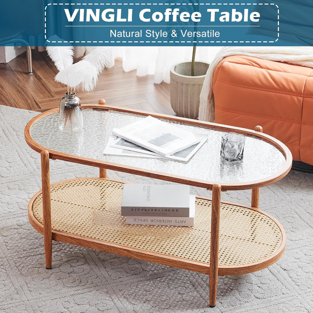 VINGLI 38" Oval Glass Coffee Table, Rattan Coffee Table, Natural Vibe