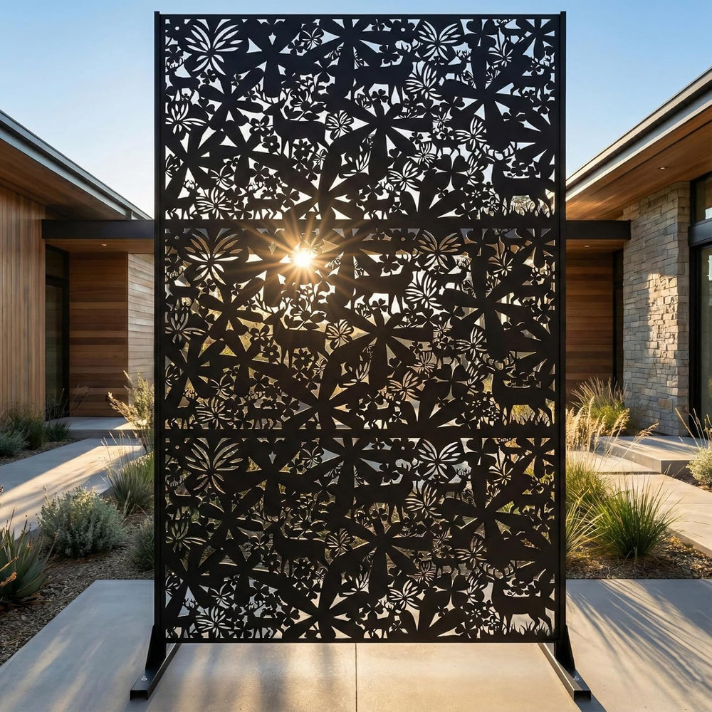 Metal Privacy Screen Outdoor 6FT – Freestanding Laser Cut Steel Garden Divide...