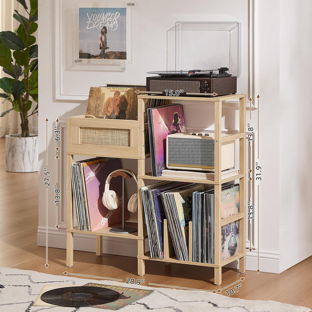 LELELINKY Record Player Stand, Natural Oak Wood Record Holder with Vinyl Stor...