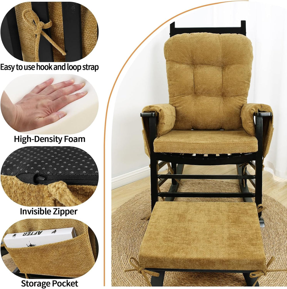 5 PCS Glider Rocker Replacement Cushions with Storage Side Pocket, Luxuriy Ch...
