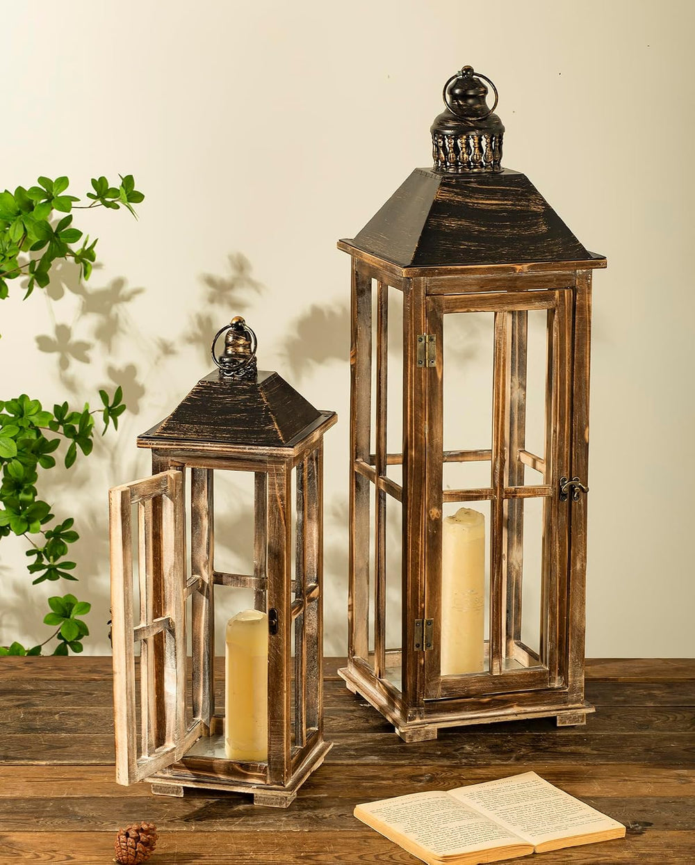 Large Farmhouse Wooden Decorative Lantern Set of 2, Rustic Distressed Brown B...