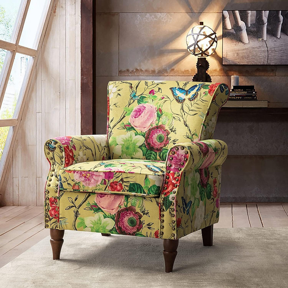 HULALA HOME Traditional Floral Accent Chair with Solid Wood Legs, Mustard