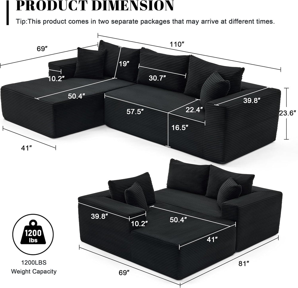 Mangodan 110” Boneless Couch, Cloud Sectional Sofa for Living Room, Black