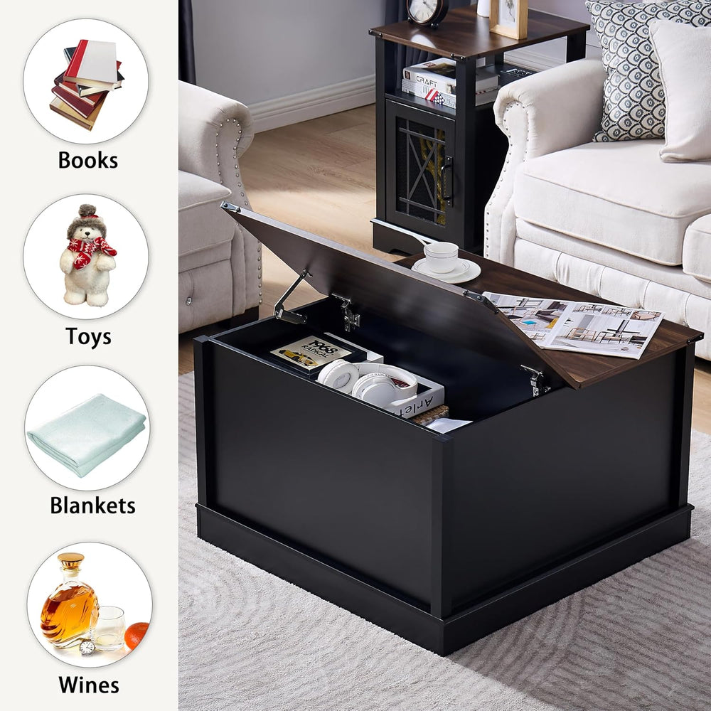 Square Coffee Table, Black Coffee Table with Hidden Compartment Lift-up Top