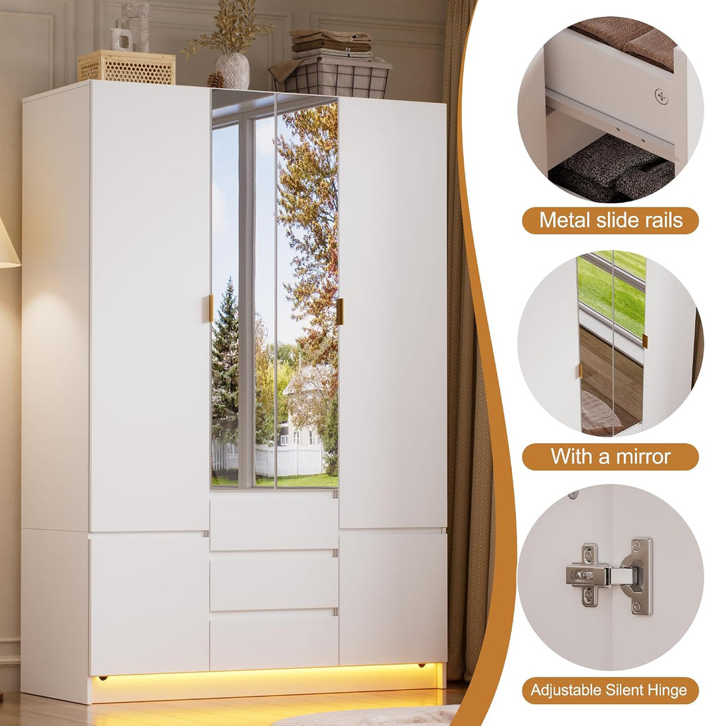 PAKASEPT 4 Doors Armoire Wardrobe Closet with Led Light & Mirror, Bedroom...