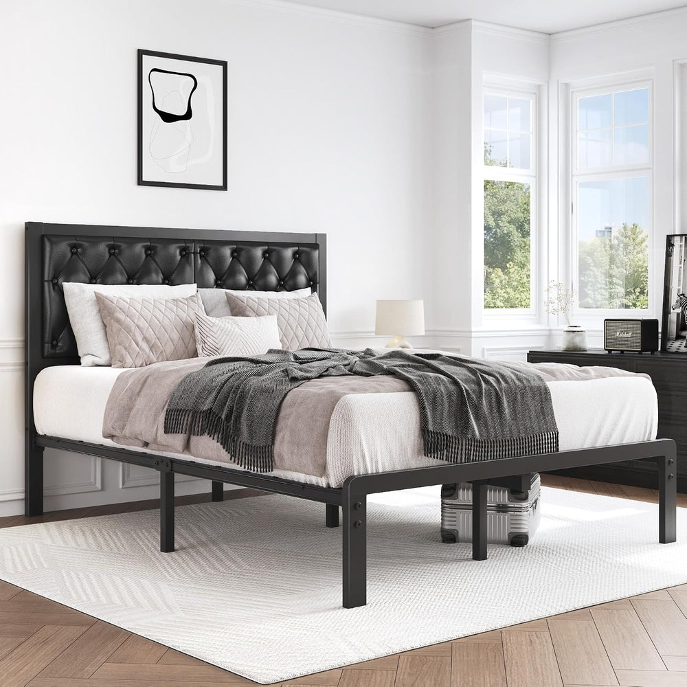HISOFT Full Bed Frame with Upholstered Button Tufted Headboard, Bed Frame Pla...