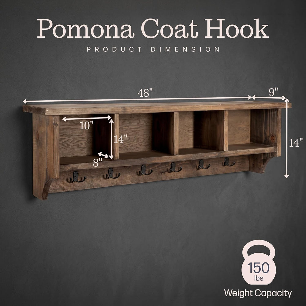 Pomona Solid Wood Entryway Coat Rack with Cubbies, Rustic Brown, 48”