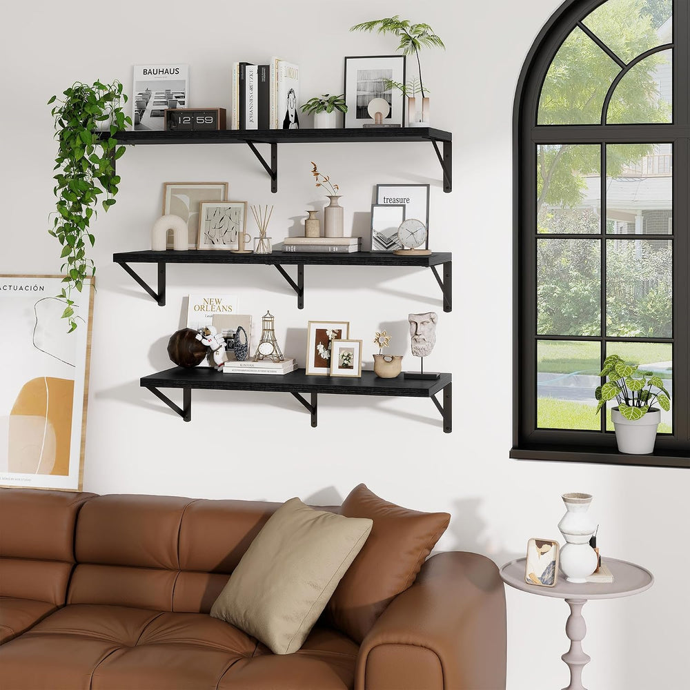 12" Deep Wall Shelves with Metal Brackets, 24" Wide, Black Finish, ...