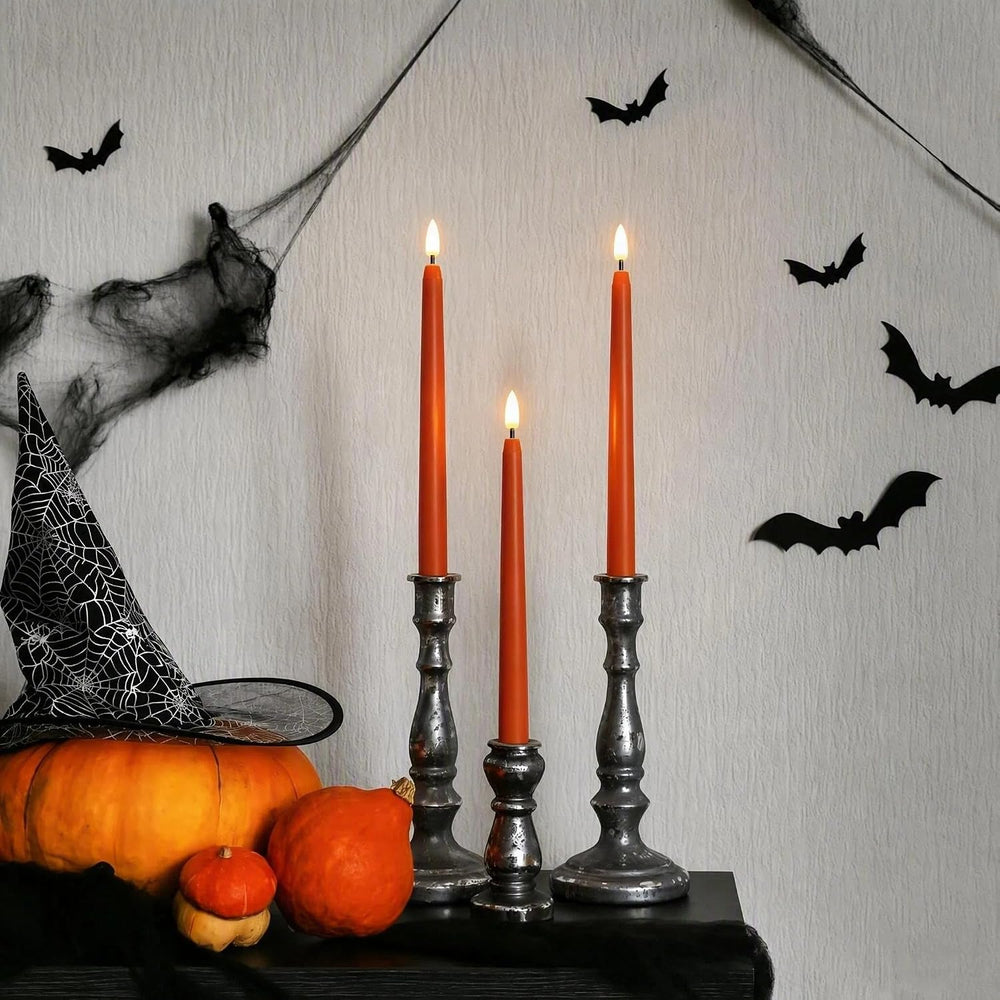 Burnt Orange Fall Halloween Flameless Taper Candles with Remote Set of 12