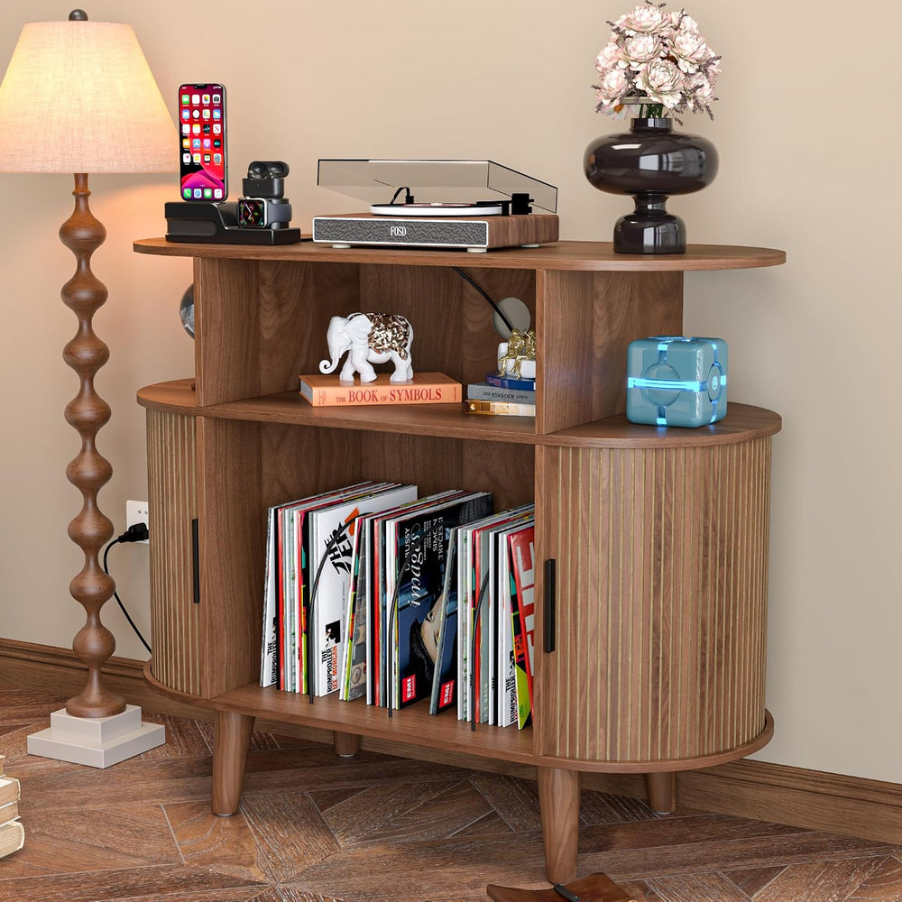 LUVIOHOME Large Round Record Player Stand with Charging Station & USB Ports