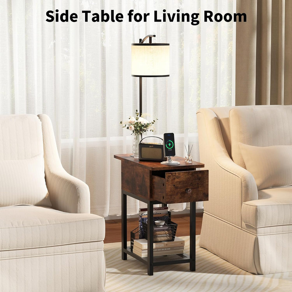 runjuly Floor Lamp with Table, Narrow Side Table with Charging Station