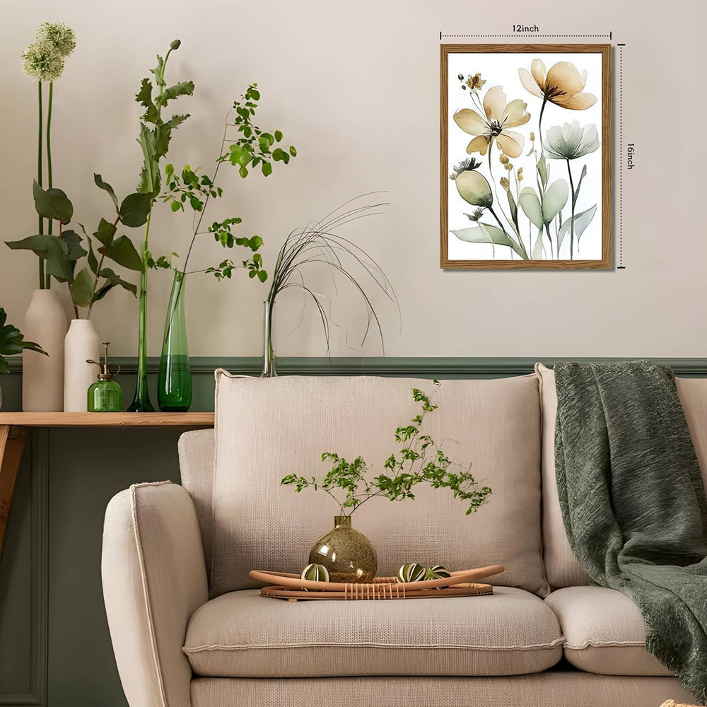 Wood Framed Sage Green Botanical Wall Art Set of 3, Boho Floral Canvas Wall D...