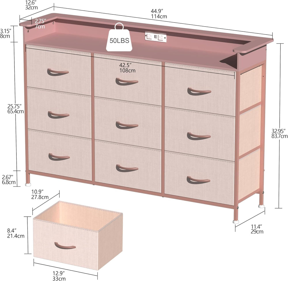 EXOTICA Pink Dresser with LED Light for Girls Bedroom 9 Drawer Dressers with ...