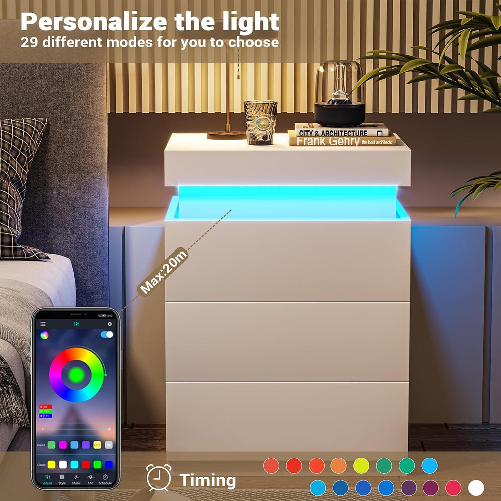 ADORNEVE White Nightstand with Charging Station and LED Lights
