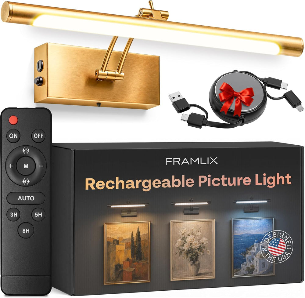 Picture Light for Wall, Rechargeable LED Art Light, Remote, Gold