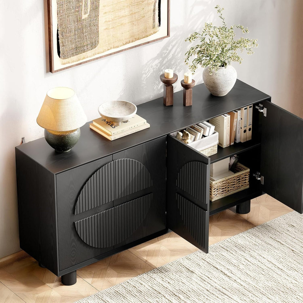 ONBRILL 63 Inch Fluted Buffet Cabinet w/Storage, Push-Spring Doors, Black