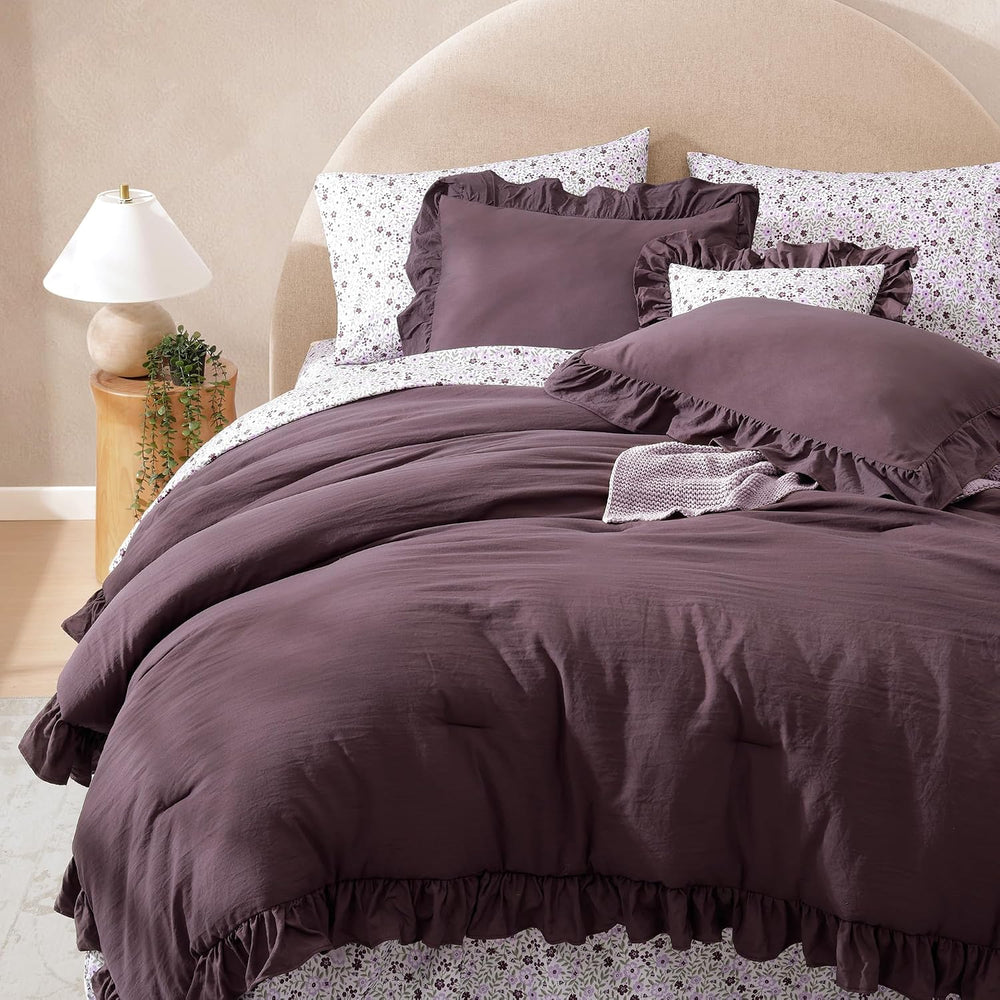 BLOOMHAVEN Full Size Comforter Sets-7 Pieces Ruffle Bedding Floral Sheet