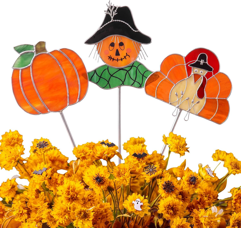 3 Pcs Fall Stained Glass Plant Stakes 9.8" Fall Decor for Pot