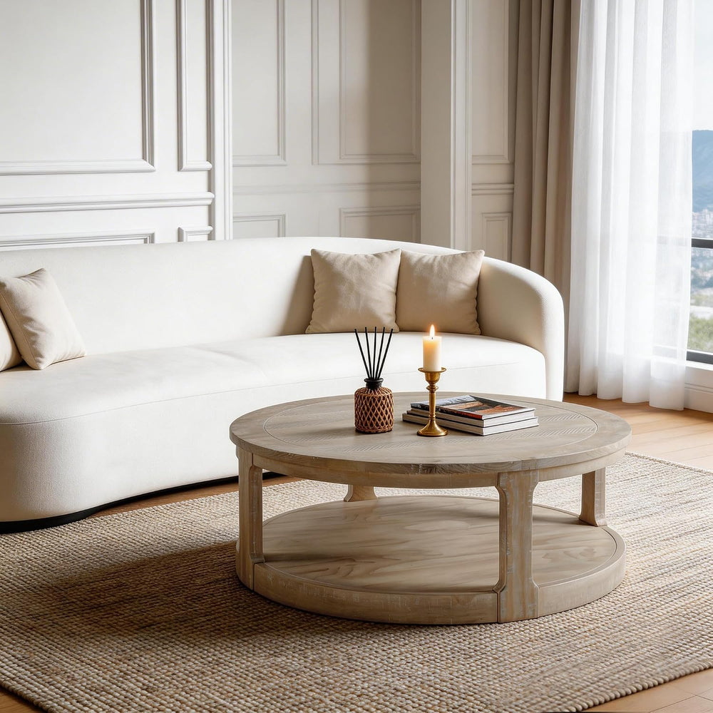 WILLIAMSPACE 40" Round Coffee Table with Wheels, Circle 2 Tier Solid Woo...