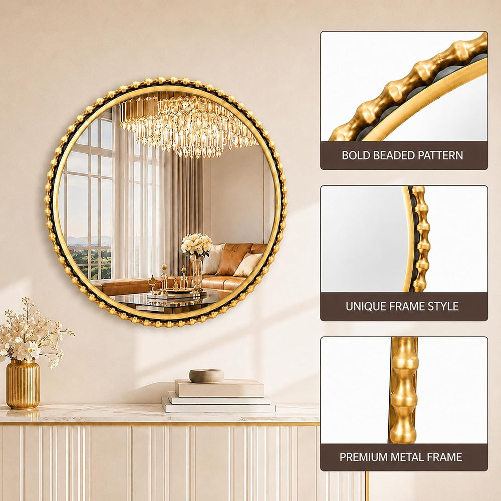30" Round Bathroom Mirror, Antique Gold Bold Beaded Frame