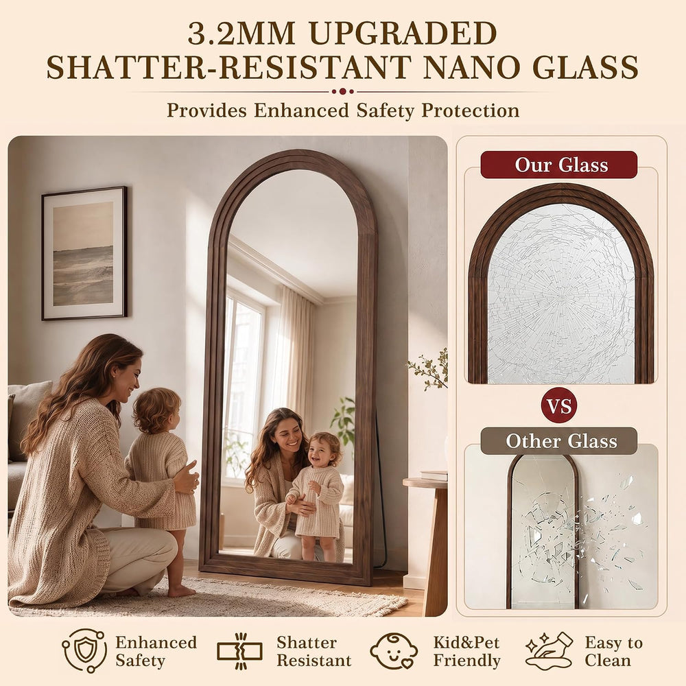 76"x34" Arched Full Length Mirror, Large Wood Floor Mirror, Walnut