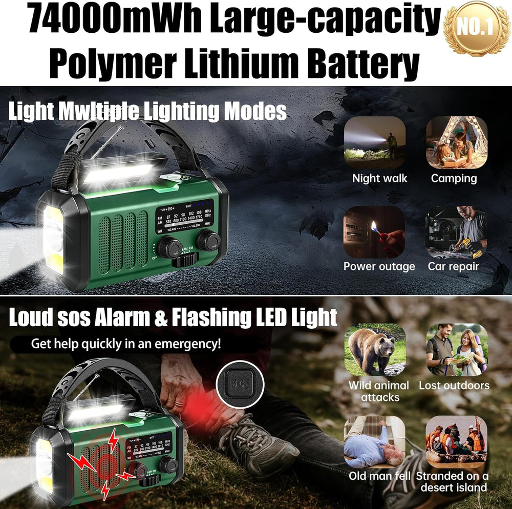 QAUYYW Hand Crank Solar Emergency Radio,74000mWh NOAA AM FM Weather Radio