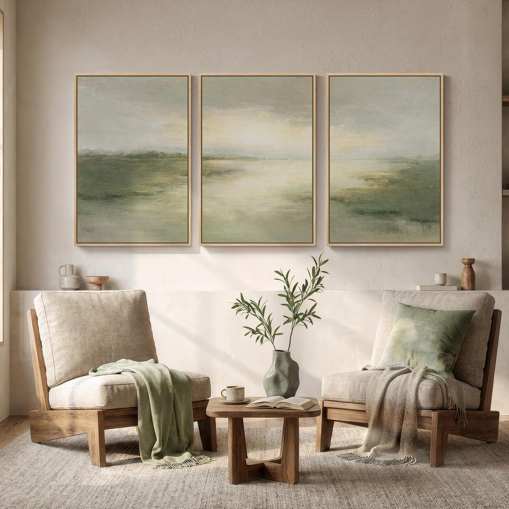 Large Framed Sage Green Abstract Landscape Wall Art for Living Room, 24x36