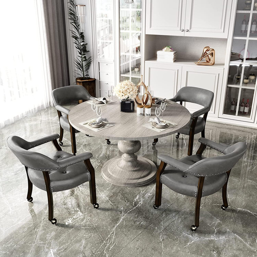 Set of 4 Dining PU ArmChairs with Casters, Charcoal Gray, No Table