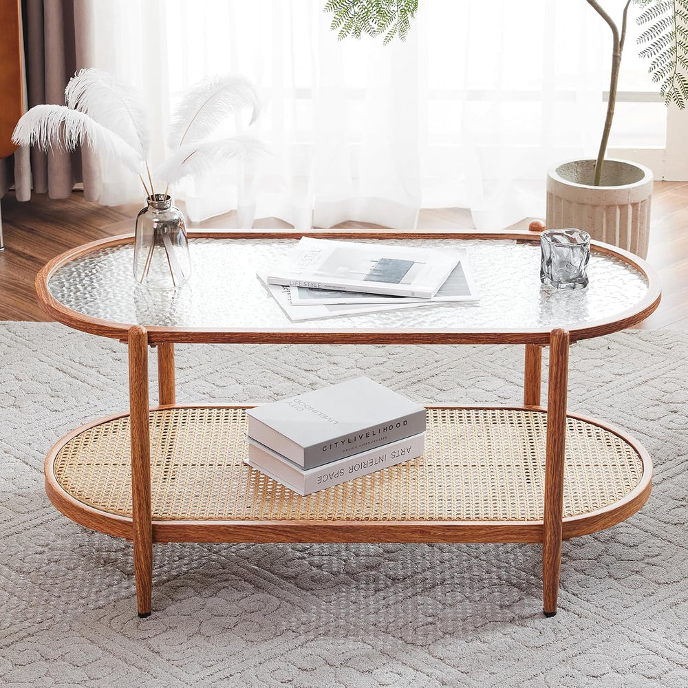 VINGLI 38" Glass Coffee Table Oval, Rattan Coffee Table, Natural Vibe