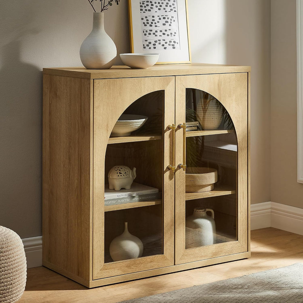 ACCOHOHO Glass Arched Door Sideboard Buffet Cabinet, Natural Oak
