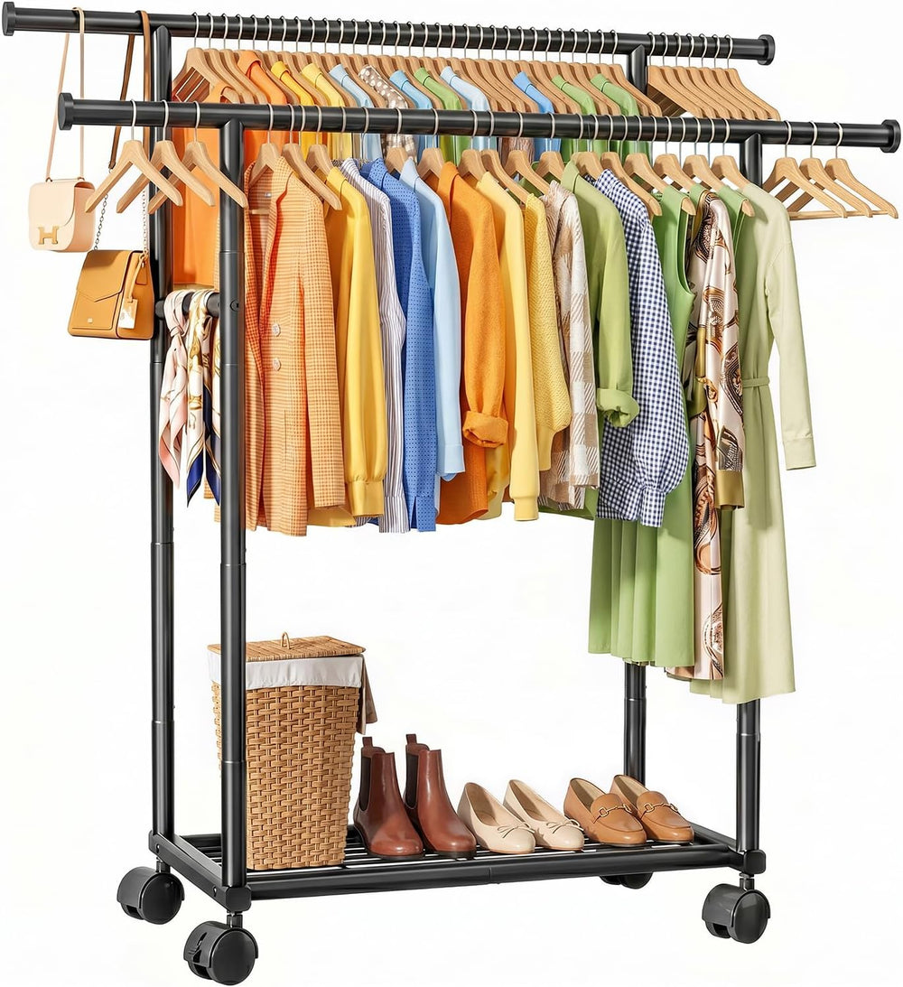 Sakugi Rolling Double Rod Clothes Rack with Shelf, 39" x 17" x 60&q...