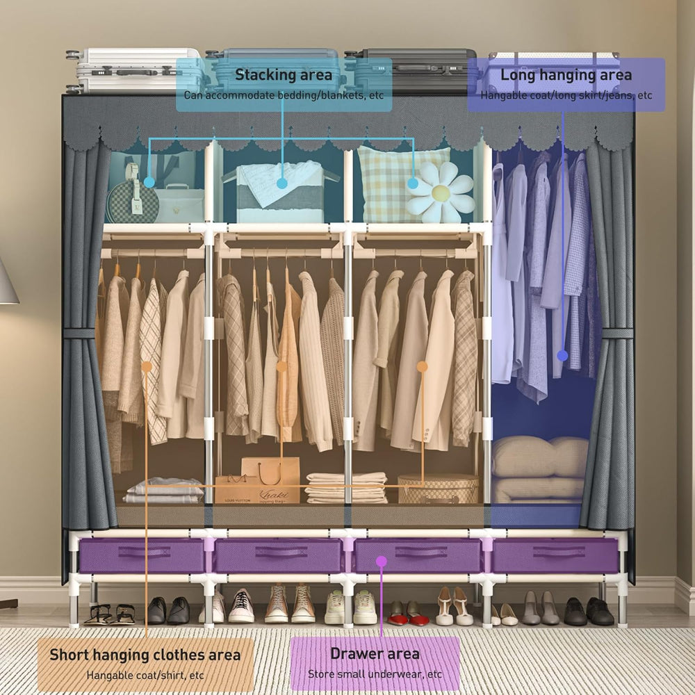 Large Portable Wardrobe with 4 Hanging Rods and Drawers, Armoire, Metal Stora...
