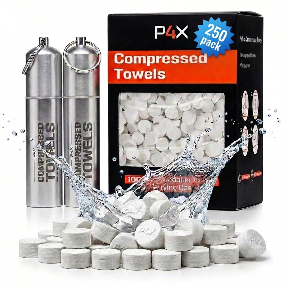 PREPARED4X Compressed Towel Tablets, 250 Bamboo Wipes with 2 Metal Cases