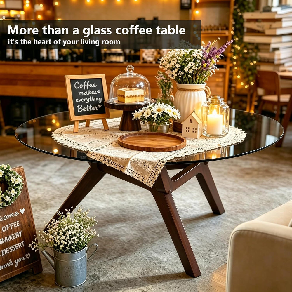 Vlsrka Round Glass Coffee Table, Soild Wood Base, 31.5" W, Walnut