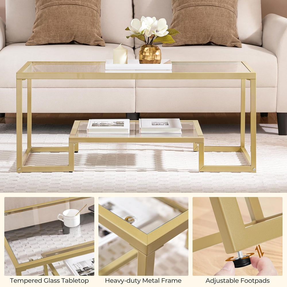 Yaheetech 42" Small Gold Coffee Table for Living Room, 2-Tier Glass Shelf