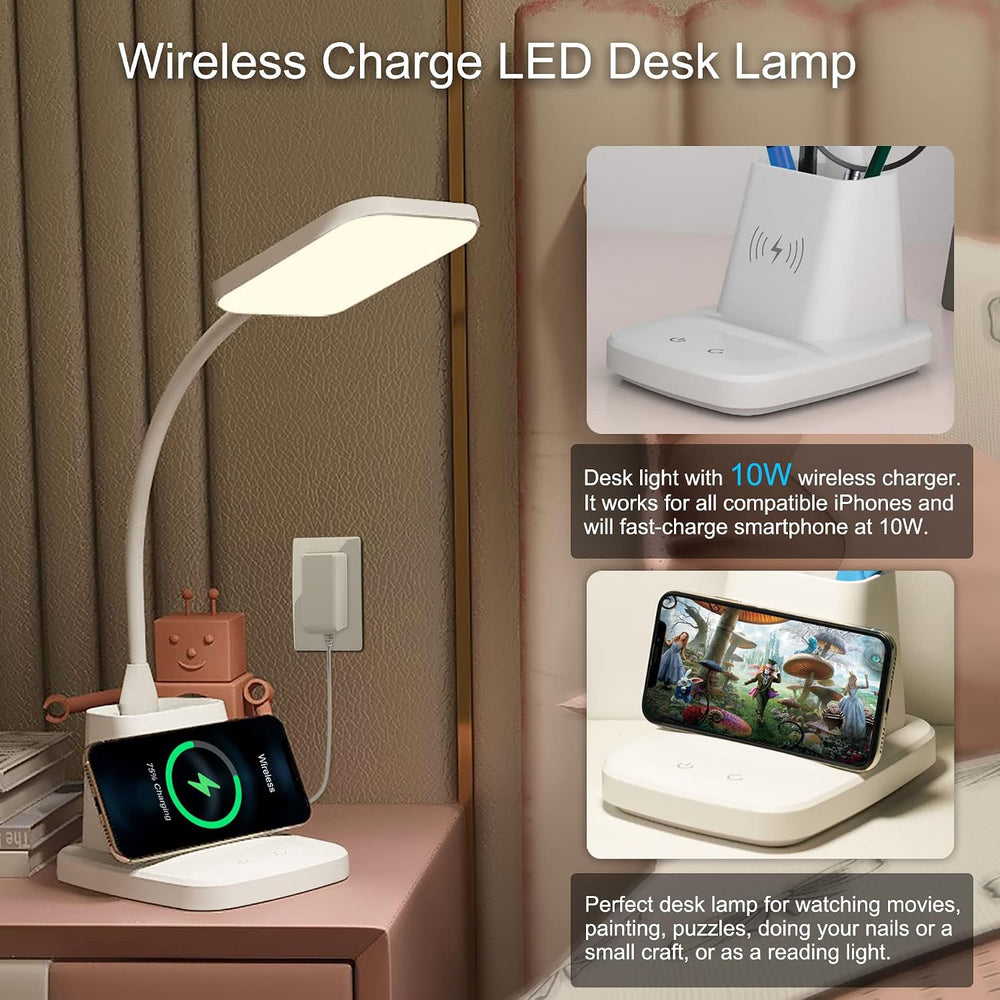 LED Desk Lamp with 10W Wireless Charging & Pen Holder, Snow White