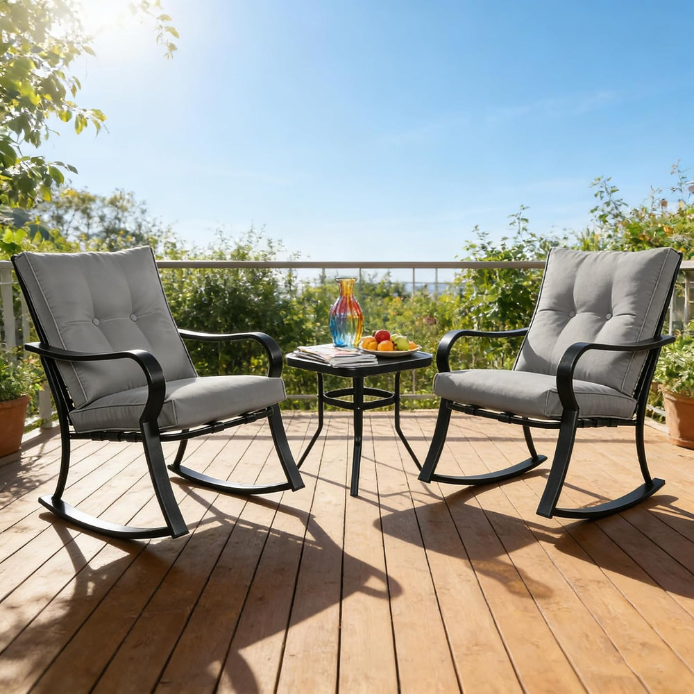 SUNCROWN Outdoor 3-Piece Rocking Chairs Patio Bistro Set Black Steel Furnitur...