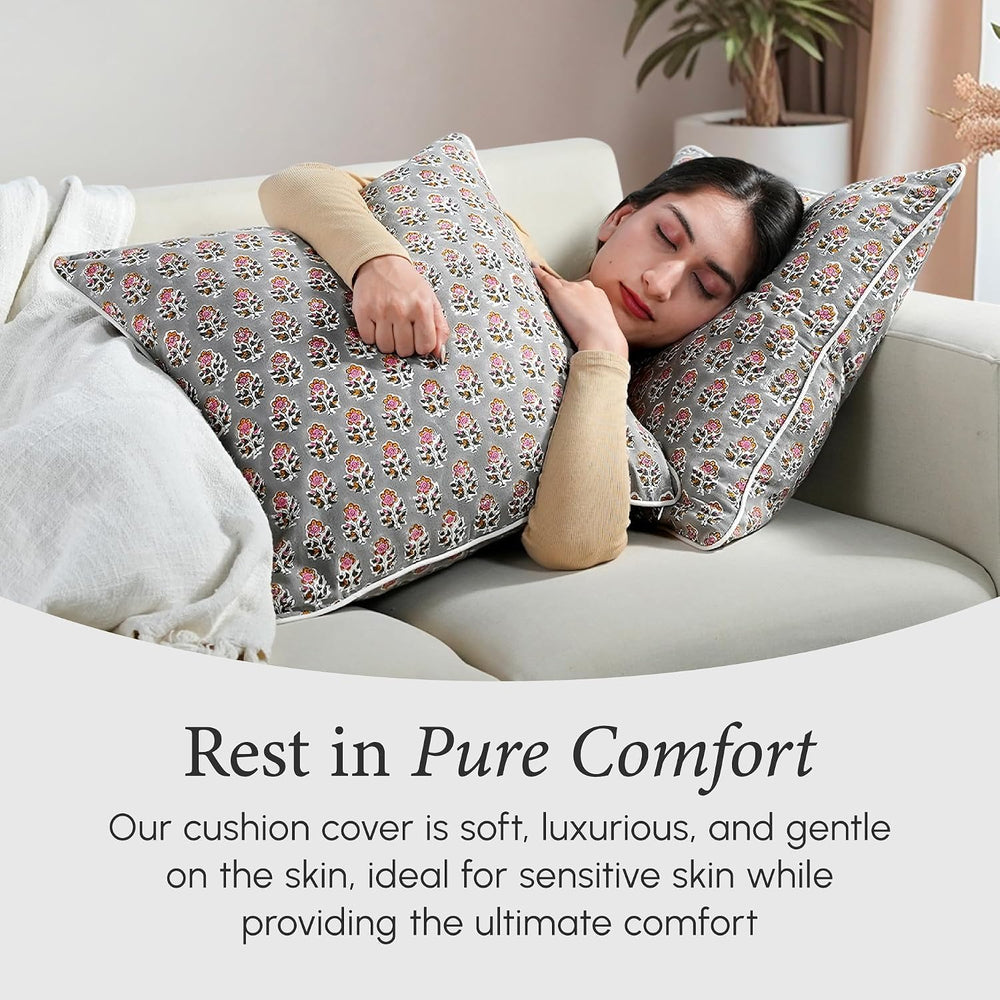 CPC Labra Grey Block Print Throw Pillow Covers 18x18 Inch, Pack of 2