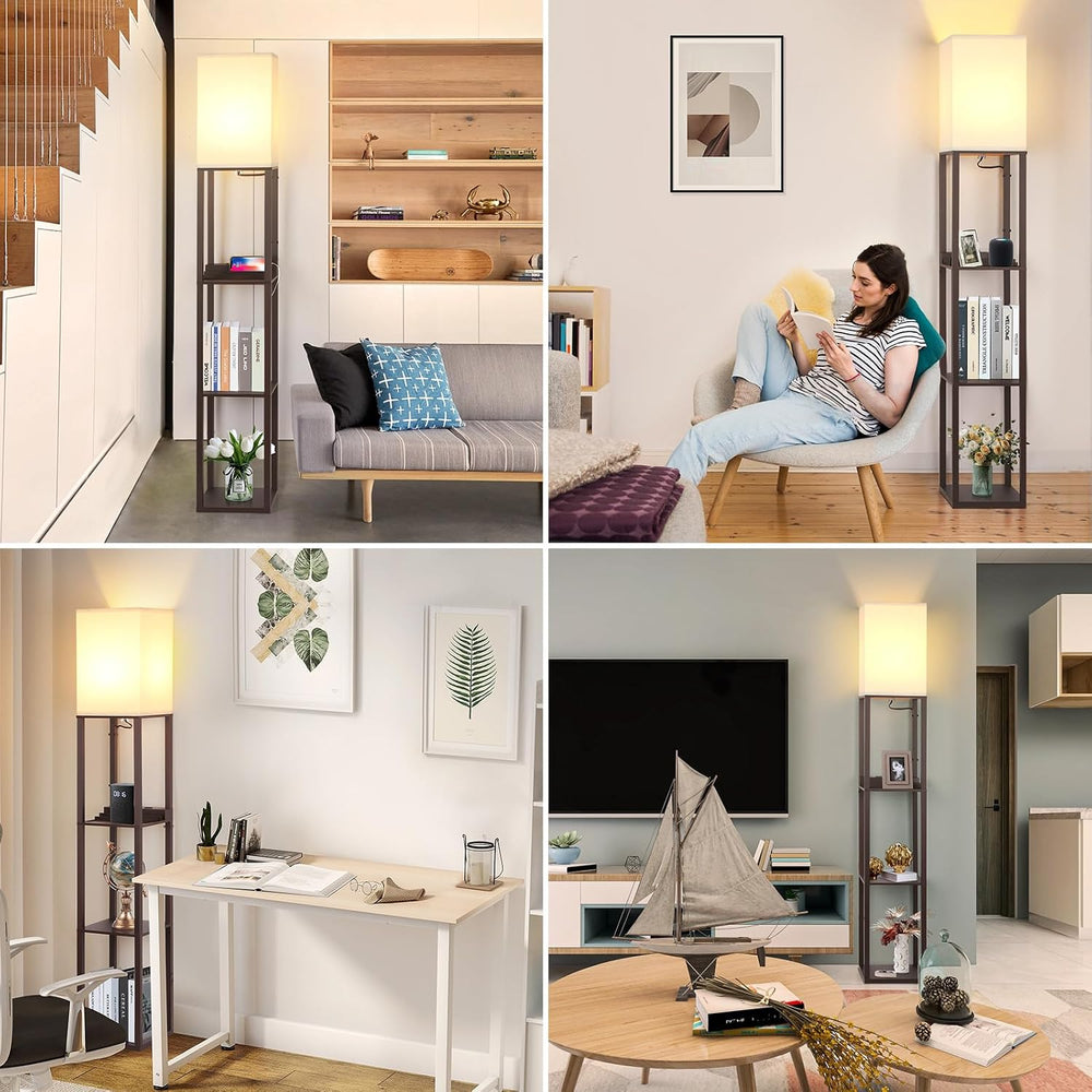 FOLKSMATE Floor Lamp with Shelves Touch Control Charging USB Type C Brown