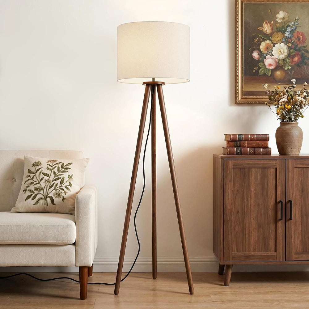 Buruis 60.6 Inch Walnut Wood Tripod Floor Lamp with Linen Drum Shade, Cream