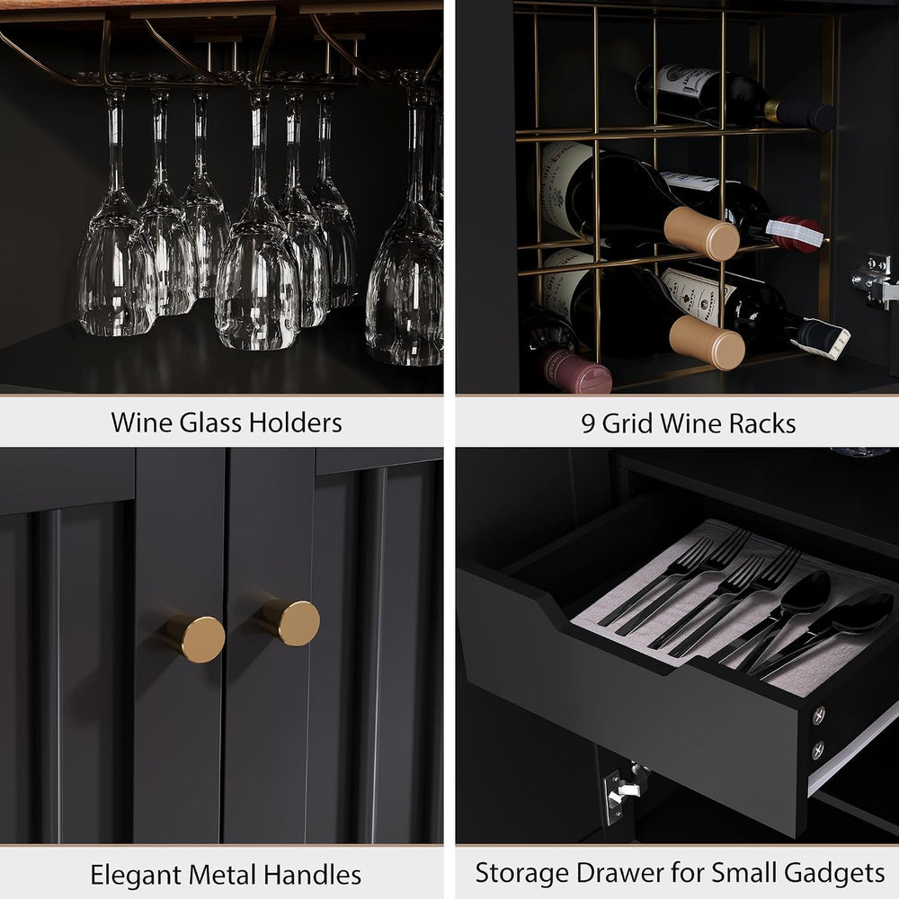 Fluted Coffee Bar Cabinet with Storage and Glass Holder, Black