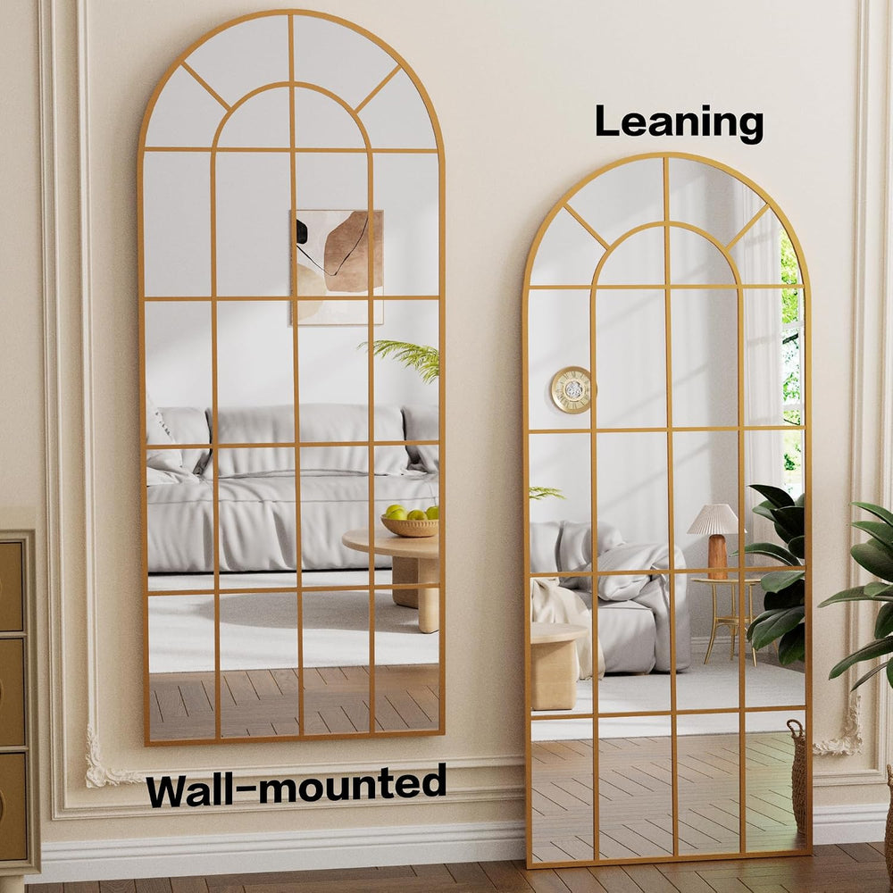 HARRITPURE Arched Full Length Mirror 71"x30" Gold Windowpane Floor ...