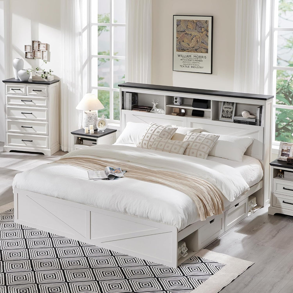 ACCOHOHO Farmhouse King Size Bed Frame with 52" High Storage Bookcase He...