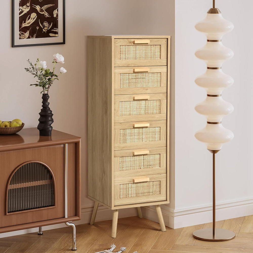 Finnhomy Rattan Dresser for Bedroom, Tall Dresser with 6 Hand Made Rattan Dec...