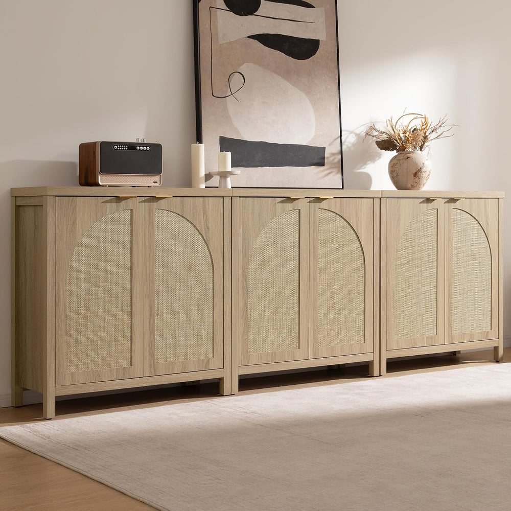 SICOTAS 102" Rattan Sideboard Buffet Cabinet with Storage Credenza Set of 3