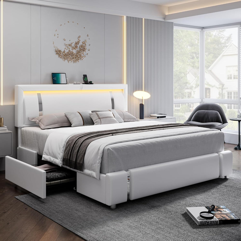 Keyluv Queen Bed Frame with RGB LED Lights Headboard & 2 Storage Drawers,...