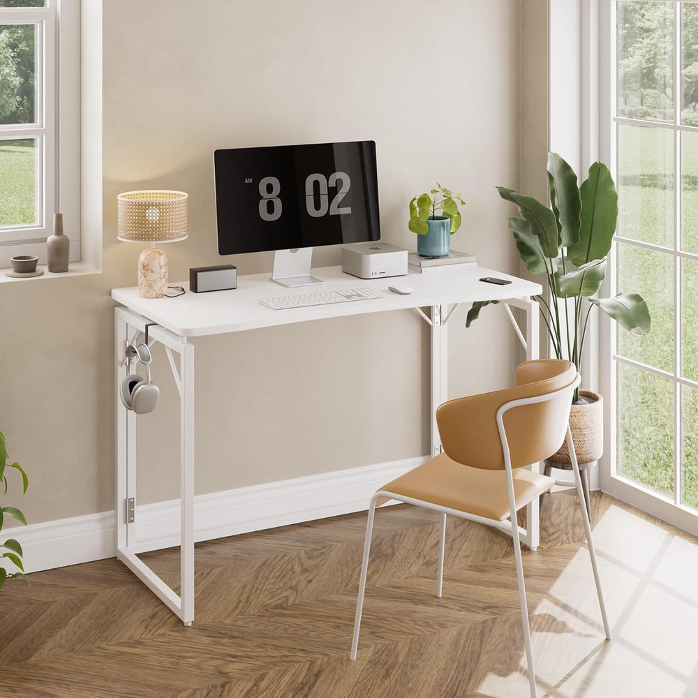 JOYMOOP 40" White Folding Desk, No Assembly, Wooden Top, Middle Size