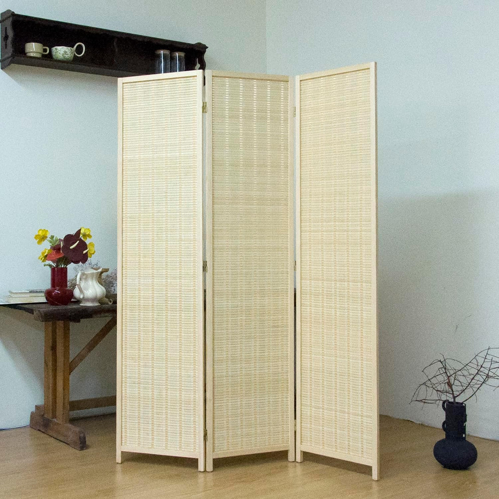 3-Panel Bamboo Room Divider - 5.6 ft Tall Beige Folding Privacy Screen, Doubl...