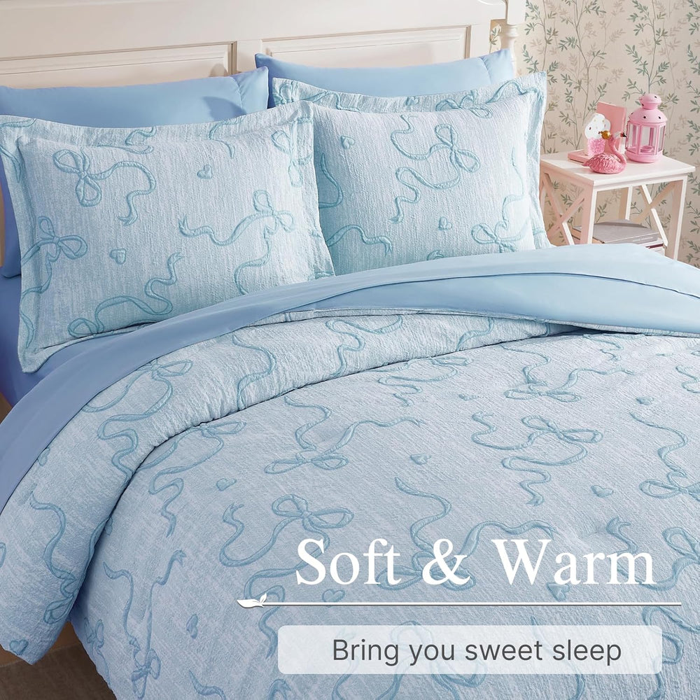 Full Size Comforter Sets for Girls - 7 Pieces Bow Bedding Set Bed in a Bag